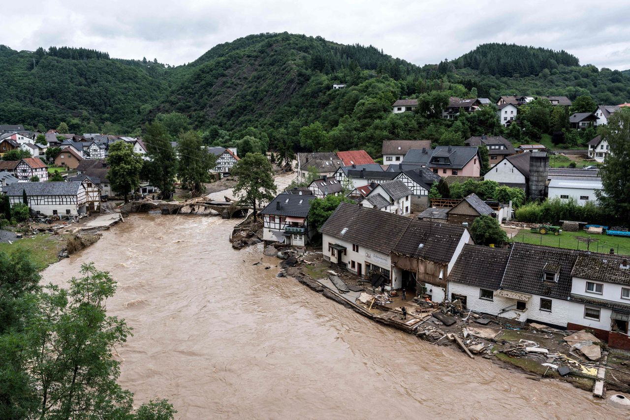 Houses along the river Ahr in the municipality of Schuld near Bad Neuenahr, western Germany flooded after heavy rains.