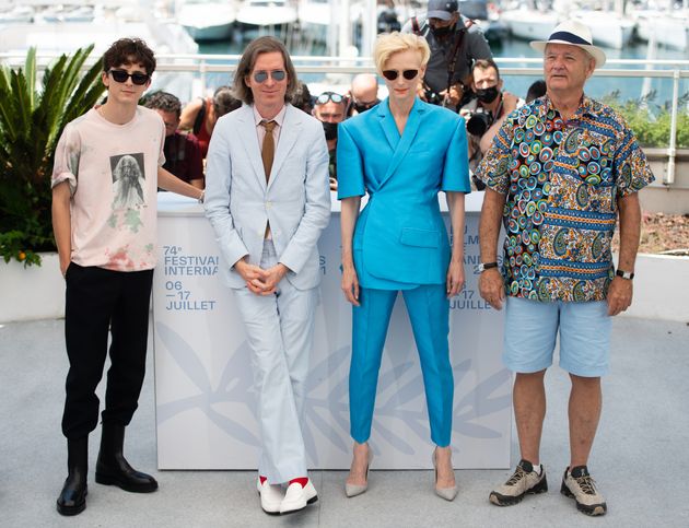 Timothee Chalamet, Wes Anderson, Tilda Swinton et Bill Murray avant la diffusion du film 