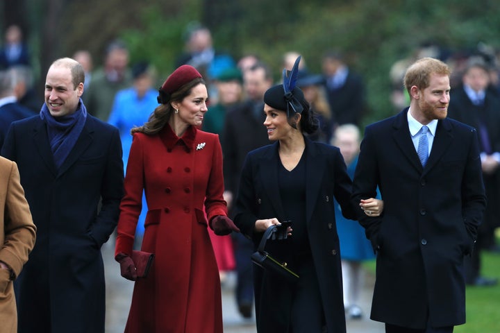 The Cambridges and Sussexes arrive at a Christmas Day service at the Church of St. Mary Magdalene on Dec. 25, 2018, in King's