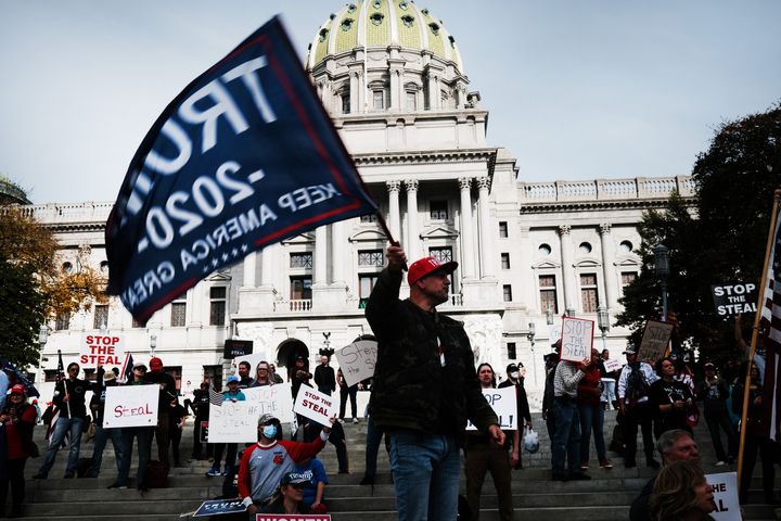 Trump supporters in favor of stopping the vote count in Pennsylvania descended on the state Capitol in Harrisburg on Nov. 5, 2020.