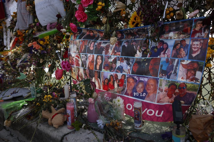 The memorial site for the collapsed 12-story Champlain Towers South condo building on July 13, 2021, in Surfside, Florida.