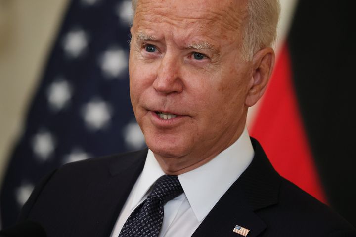 President Joe Biden speaks during a joint news conference with German Chancellor Angela Merkel in the East Room of the White 