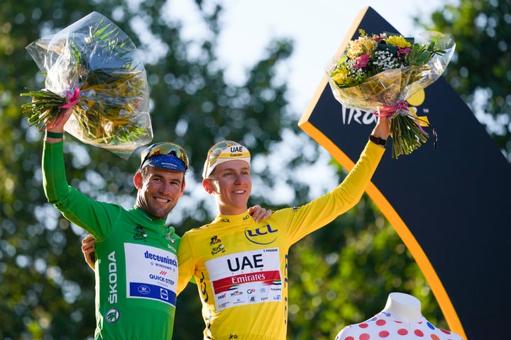 Tadej Pogacar, who won the yellow jersey of the overall leader, the best climber's dotted jersey and the best young rider's w