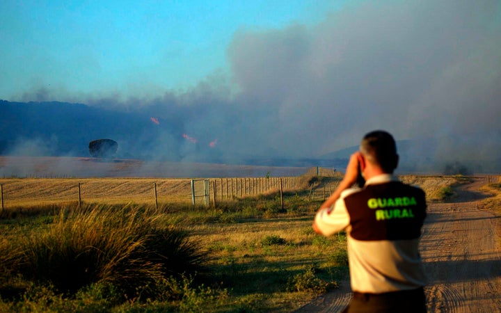 El incendio forestal declarado en la tarde de este domingo en la zona de Villarroya tiene una gran afección.