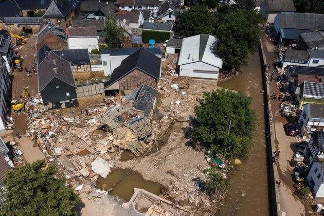 TOPSHOT - An aerial view shows the damaged village of Iversheim in western Germany, on July 18, 2021....