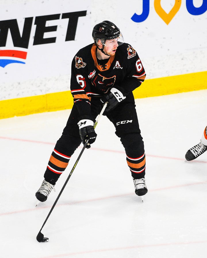 Luke Prokop #6 of the Calgary Hitmen in action against the Medicine Hat Tigers during a WHL game on March 12, 2021 in Calgary
