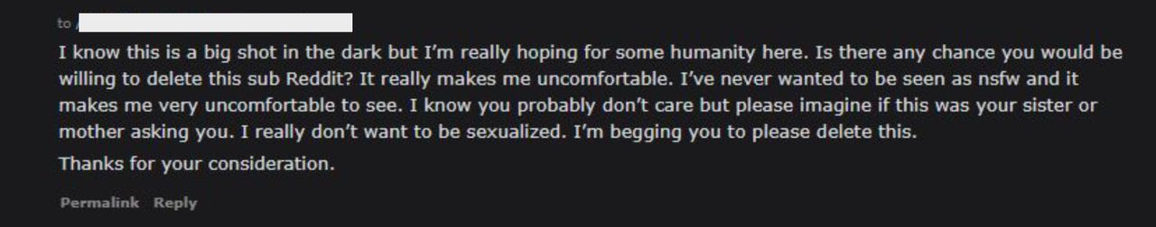 The message Blaire sent to the moderators of the subreddit that was sexually harassing her.