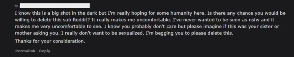 The message Blaire sent to the moderators of the subreddit that was sexually harassing