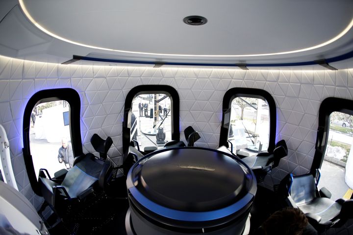 An interior view of the Blue Origin Crew Capsule mockup is seen at the 33rd Space Symposium in Colorado Springs, Colorado, in 2017.