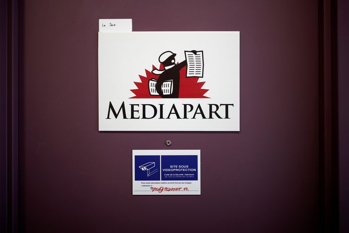 The logo of the free and independent online media outlet Mediapart is seen on a door at their office in Paris, France, March 12, 2019. REUTERS/Benoit Tessier