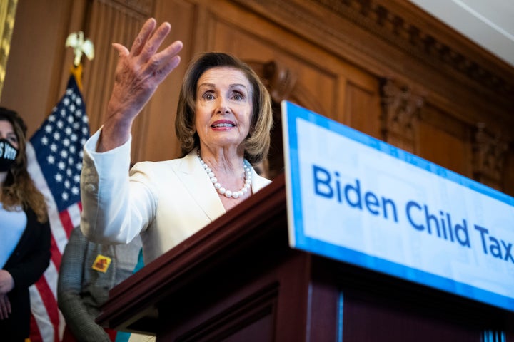 Speaker of the House Nancy Pelosi (D-Calif.) speaks Tuesday during a news conference on the child tax credit.