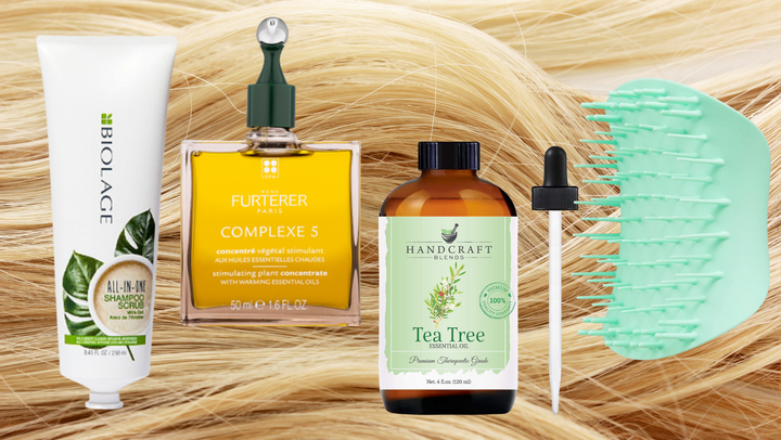 Left to right: <a href="https://go.skimresources.com/?id=38395X987171&xs=1&xcust=scalp-KristenAiken-072121-&url=https%3A%2F%2Fwww.ulta.com%2Fp%2Fall-in-one-shampoo-body-scrub-pimprod2024491%3Fsku%3D2580196%26cmpid%3DPS_Non%21google%21Product_Listing_Ads%26cagpspn%3Dpla%26CATCI%3Dpla-683425019412%26CAAGID%3D107718645276%26CAWELAID%3D330000200002752796%26CATARGETID%3D330000200002489569%26CADevice%3Dc%26gclid%3DCj0KCQjwiqWHBhD2ARIsAPCDzalRUwMzbOomZWkEJO7Ed6b8SbZembysXTpWL2JTILkVclQkx5E_sK4aArIIEALw_wcB" target="_blank" role="link" rel="sponsored" class=" js-entry-link cet-external-link" data-vars-item-name="Biolage All-In-One Shampoo And Scrub, $24;" data-vars-item-type="text" data-vars-unit-name="60f5c936e4b09f2b2385ce9c" data-vars-unit-type="buzz_body" data-vars-target-content-id="https://go.skimresources.com/?id=38395X987171&xs=1&xcust=scalp-KristenAiken-072121-&url=https%3A%2F%2Fwww.ulta.com%2Fp%2Fall-in-one-shampoo-body-scrub-pimprod2024491%3Fsku%3D2580196%26cmpid%3DPS_Non%21google%21Product_Listing_Ads%26cagpspn%3Dpla%26CATCI%3Dpla-683425019412%26CAAGID%3D107718645276%26CAWELAID%3D330000200002752796%26CATARGETID%3D330000200002489569%26CADevice%3Dc%26gclid%3DCj0KCQjwiqWHBhD2ARIsAPCDzalRUwMzbOomZWkEJO7Ed6b8SbZembysXTpWL2JTILkVclQkx5E_sK4aArIIEALw_wcB" data-vars-target-content-type="url" data-vars-type="web_external_link" data-vars-subunit-name="article_body" data-vars-subunit-type="component" data-vars-position-in-subunit="4">Biolage All-In-One Shampoo And Scrub, $24;</a><a href="https://www.awin1.com/cread.php?awinmid=7565&awinaffid=837483&clickref=scalp-KristenAiken-072121-&ued=https%3A%2F%2Fwww.allbeauty.com%2Fus%2Fen%2F1167583-rene-furterer-complexe-5-stimulating-plant-extract-with-essential-oils-pre-shampoo-50ml-1-6-fl-oz%3Fabref%3DGoogleShoppingCsUsGoogleUsBandgoogleUsS%26utm_source%3Dpla%26utm_medium%3Dcpc%26ref%3D%257Badtype%257D%26utm_campaign%3D%2528US_Smart_Shopping%2529_All_Products%26utm_adgroup%3D%26gclid%3DCjwKCAjwi9-HBhACEiwAPzUhHEdtgCq_FEM1z-7Ixd3vEEqPjKdO6cI6oo5mC6Mt-RoS3QHQV4lNoxoCYsgQAvD_BwE" target="_blank" role="link" rel="sponsored" class=" js-entry-link cet-external-link" data-vars-item-name="Rene Furterer Complex 5 Stimulating Plant Concentrate, $33.85;" data-vars-item-type="text" data-vars-unit-name="60f5c936e4b09f2b2385ce9c" data-vars-unit-type="buzz_body" data-vars-target-content-id="https://www.awin1.com/cread.php?awinmid=7565&awinaffid=837483&clickref=scalp-KristenAiken-072121-&ued=https%3A%2F%2Fwww.allbeauty.com%2Fus%2Fen%2F1167583-rene-furterer-complexe-5-stimulating-plant-extract-with-essential-oils-pre-shampoo-50ml-1-6-fl-oz%3Fabref%3DGoogleShoppingCsUsGoogleUsBandgoogleUsS%26utm_source%3Dpla%26utm_medium%3Dcpc%26ref%3D%257Badtype%257D%26utm_campaign%3D%2528US_Smart_Shopping%2529_All_Products%26utm_adgroup%3D%26gclid%3DCjwKCAjwi9-HBhACEiwAPzUhHEdtgCq_FEM1z-7Ixd3vEEqPjKdO6cI6oo5mC6Mt-RoS3QHQV4lNoxoCYsgQAvD_BwE" data-vars-target-content-type="url" data-vars-type="web_external_link" data-vars-subunit-name="article_body" data-vars-subunit-type="component" data-vars-position-in-subunit="5">Rene Furterer Complex 5 Stimulating Plant Concentrate, $33.85;</a><a href="https://amzn.to/3hWkGbA" target="_blank" role="link" rel="sponsored" class=" js-entry-link cet-external-link" data-vars-item-name="Handcraft Tea Tree Essential Oil, $15.95;" data-vars-item-type="text" data-vars-unit-name="60f5c936e4b09f2b2385ce9c" data-vars-unit-type="buzz_body" data-vars-target-content-id="https://amzn.to/3hWkGbA" data-vars-target-content-type="url" data-vars-type="web_external_link" data-vars-subunit-name="article_body" data-vars-subunit-type="component" data-vars-position-in-subunit="6">Handcraft Tea Tree Essential Oil, $15.95;</a><a href="https://amzn.to/3zlzkil" target="_blank" role="link" rel="sponsored" class=" js-entry-link cet-external-link" data-vars-item-name="Tangle Teezer Scalp Exfoliator and Massager, $10" data-vars-item-type="text" data-vars-unit-name="60f5c936e4b09f2b2385ce9c" data-vars-unit-type="buzz_body" data-vars-target-content-id="https://amzn.to/3zlzkil" data-vars-target-content-type="url" data-vars-type="web_external_link" data-vars-subunit-name="article_body" data-vars-subunit-type="component" data-vars-position-in-subunit="7">Tangle Teezer Scalp Exfoliator and Massager, $10</a>