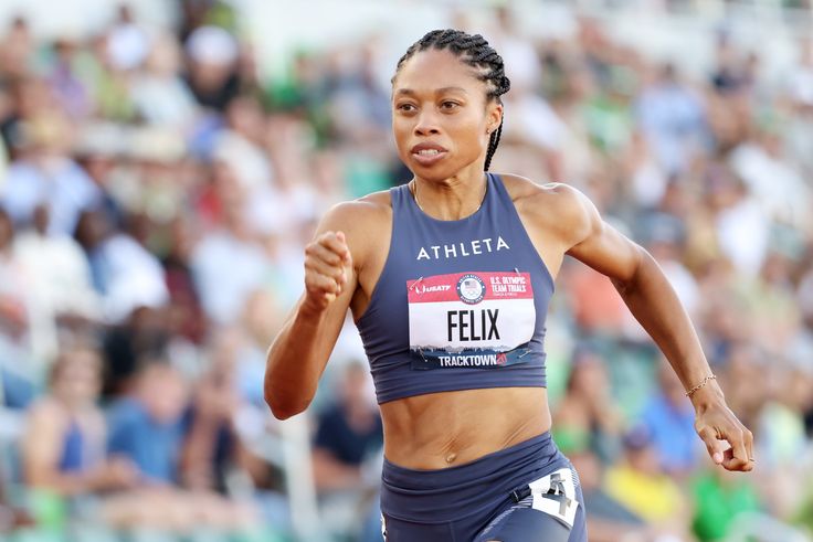 Allyson Felix competes in the first round of the women's 200-meter dash on Day 7 of the 2020 U.S. Olympic Track & Field Team Trials at Hayward Field on June 24, 2021, in Eugene, Oregon. 