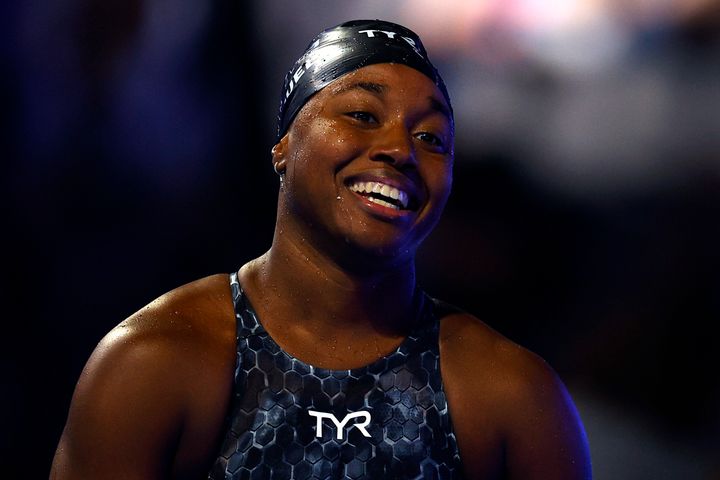 Simone Manuel reacts after competing in the women's 50-meter freestyle final during Day 8 of the 2021 U.S. Olympic Team Swimming Trials at CHI Health Center in Omaha on June 20.