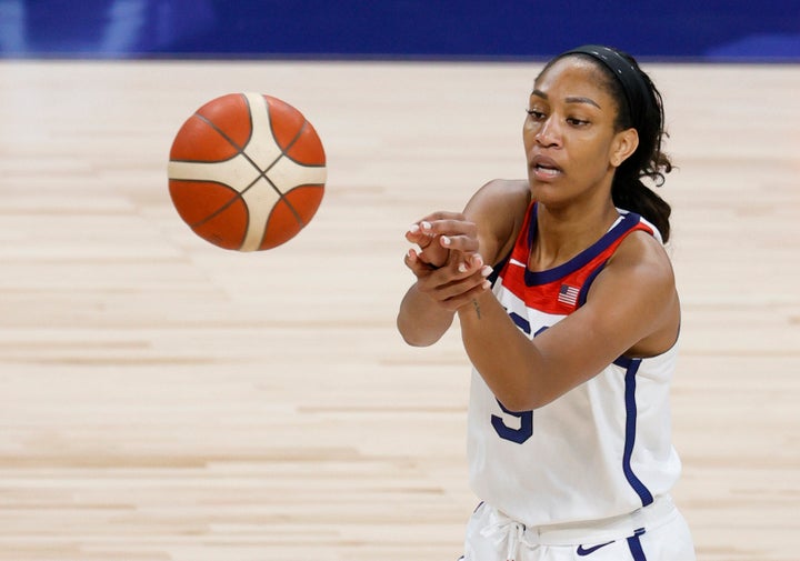 A'ja Wilson of the United States passes against Nigeria during an exhibition game at Michelob ULTRA Arena ahead of the Tokyo