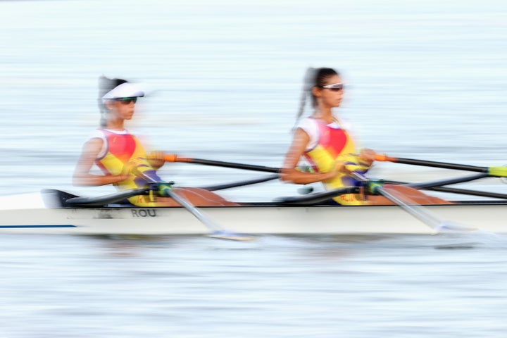 TOKYO, JAPAN - JULY 21: The Team Romania Women's double row during a training session at Sea Forest Waterway ahead of the Tokyo 2020 Olympic Games on July 21, 2021 in Tokyo, Japan. The Sea Forest Waterway will host the rowing, and canoe sprint competition. (Photo by Cameron Spencer/Getty Images)