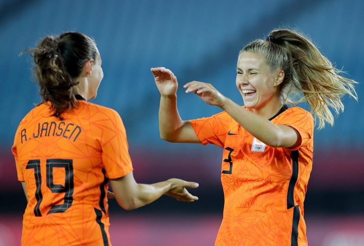 RIFU, MIYAGI, JAPAN - JULY 21: Victoria Pelova #13 of Team Netherlands celebrates with teammate Renate Jansen #19 after scoring their side's tenth goal during the Women's First Round Group F match between Zambia and Netherlands during the Tokyo 2020 Olympic Games at Miyagi Stadium on July 21, 2021 in Rifu, Miyagi, Japan. (Photo by Koki Nagahama/Getty Images)