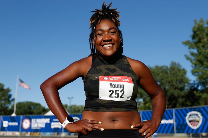 Deja Young poses after taking second in the women's 200-meter dash T45/47 ambulatory final during the 2021 U.S. Paralympic Tr