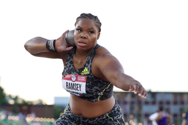 Jessica Ramsey competes in the Women's Shot Put Finals on Day 7 of the 2020 U.S. Olympic Track & Field Team Trials at Hay