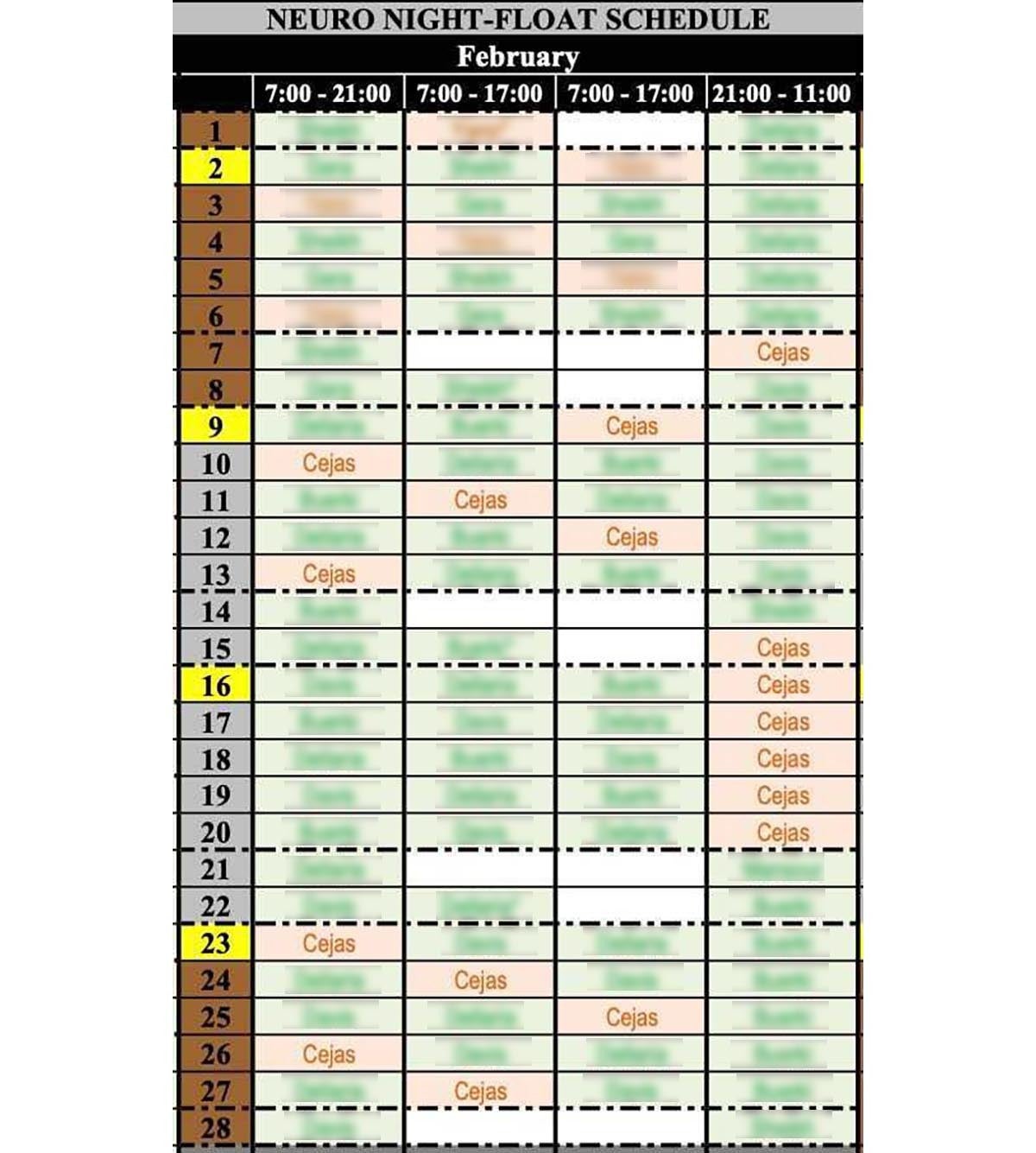 A copy of Cejas’s night-shift schedule one year during her neurology training program. During several months, she had to work from 9 p.m. to 11 a.m. for six consecutive nights. “Medicine expects you as a doctor to be a superhuman,” Cejas told HuffPost.