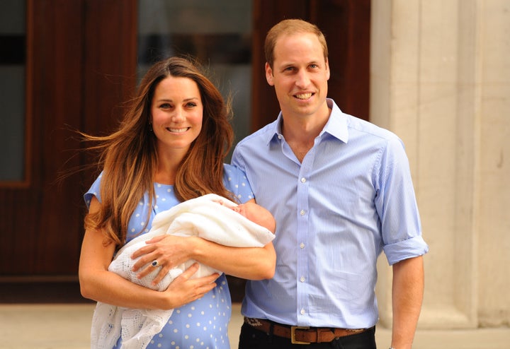 The Duke and Duchess of Cambridge leave the Lindo Wing of St Mary's Hospital with their newborn son, Prince George of Cambridge in 2013.