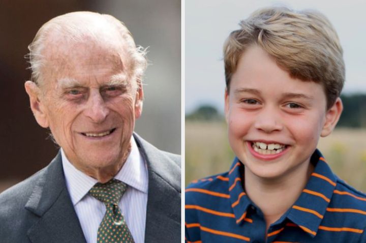 The late Duke of Edinburgh and his great-grandson Prince George, who turns 8 on July 22
