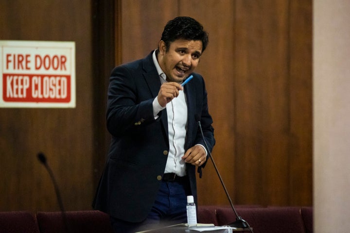 Alderman Byron Sigcho-Lopez of Chicago's 25th Ward speaks in support of the proposal for civilian oversight of the Chicago Police Department during a City Council meeting Wednesday.