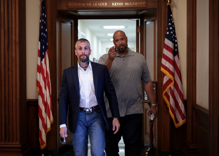 Metropolitan Police Officer Michael Fanone and U.S. Capitol Police Officer Harry Dunn at the U.S. Capitol on June 25, 2021, after meeting with House Republican leader Kevin McCarthy.