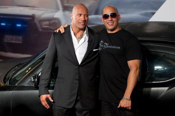 Dwayne Johnson and Vin Diesel pose for photographers during the premiere of the movie Fast and Furious 5 in Rio de Janeiro, Brazil. 