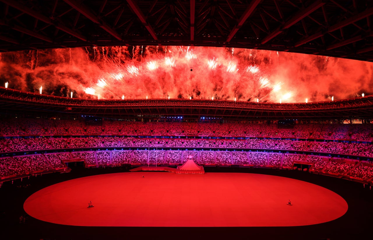 Fireworks explode over the arena.