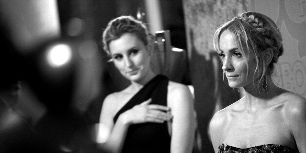 BEVERLY HILLS, CA - JANUARY 11: (EDITORS NOTE: Image has been converted to black and white.) Actrsses Laura Carmichael (L) and Joanne Froggatt attend the HBO'S Post Golden Globe Party held at The Beverly Hilton Hotel on January 11, 2015 in Beverly Hills, California. (Photo by Tommaso Boddi/WireImage)