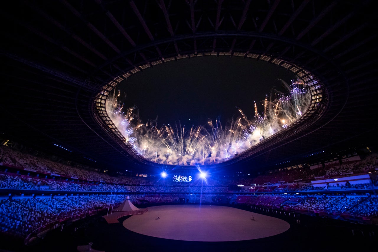 Fireworks light up the night sky.