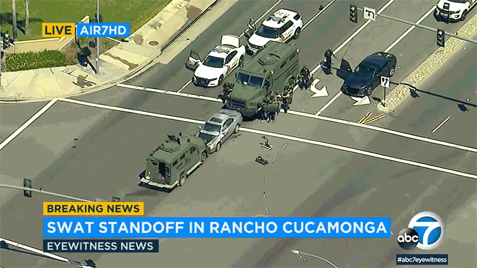 SWAT officers in San Bernardino County, California, rammed a car with armored vehicles and stunned the driver with flash-bang grenades after he refused to pull over. Footage by <a href="https://abc30.com/rancho-cucamonga-standoff-barricade/5242776/" target="_blank" role="link" class=" js-entry-link cet-external-link" data-vars-item-name="ABC 30" data-vars-item-type="text" data-vars-unit-name="6101967be4b000b997dd9429" data-vars-unit-type="buzz_body" data-vars-target-content-id="https://abc30.com/rancho-cucamonga-standoff-barricade/5242776/" data-vars-target-content-type="url" data-vars-type="web_external_link" data-vars-subunit-name="article_body" data-vars-subunit-type="component" data-vars-position-in-subunit="23">ABC 30</a>.