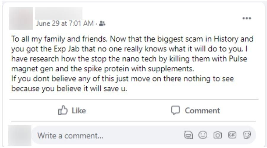 In a Facebook post, Shane refers to the COVID-19 vaccine as the "Exp Jab," short for "Experimental Jab," and calls the pandemic the "biggest scam in History."