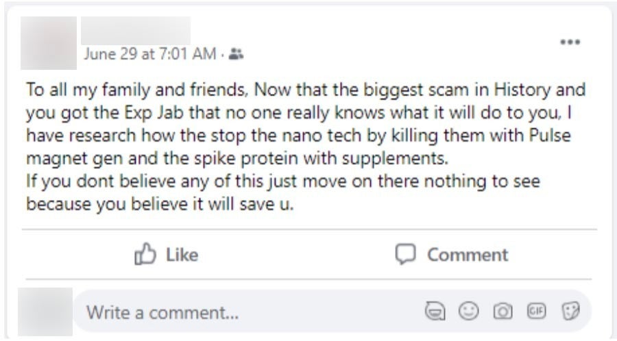 In a Facebook post, Shane refers to the COVID-19 vaccine as the "Exp Jab," short for "Experimental Jab," and calls the pandemic the "biggest scam in History."