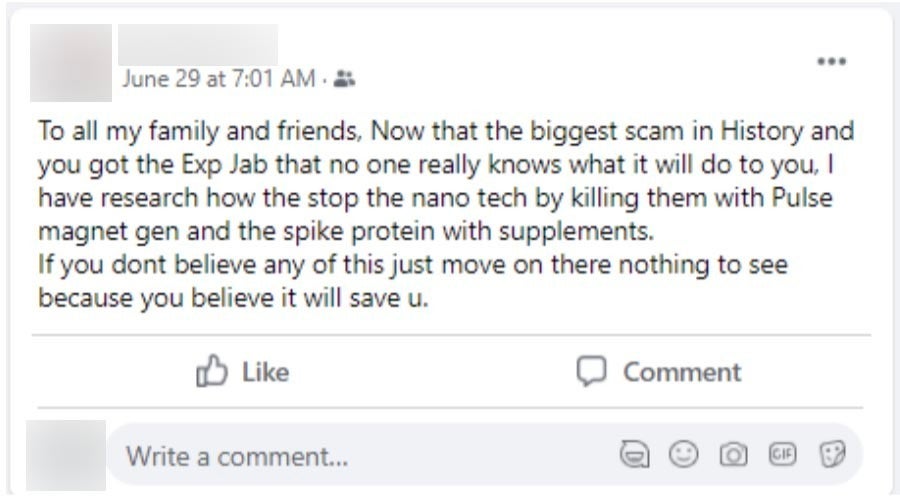 In a Facebook post, Shane refers to the COVID-19 vaccine as the "Exp Jab," short for "Experimental Jab," and calls the pandemic the "biggest scam in History."