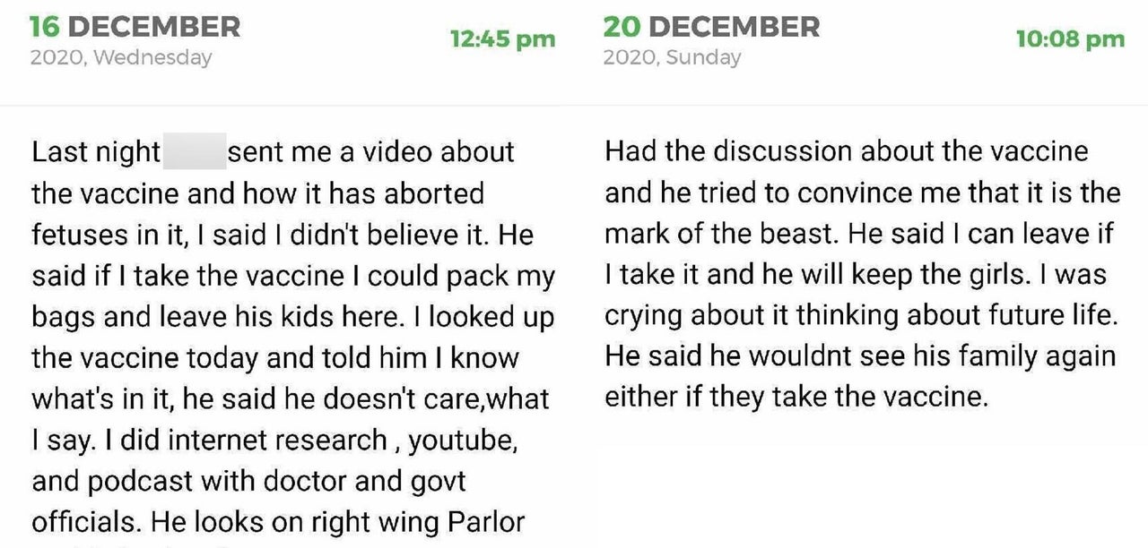 Hannah's husband threatened to keep her away from their children if she were to get vaccinated, she wrote in an online journal.