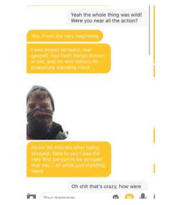 Screen shot of a Bumble conversation involving a man identified by the FBI as Houston business owner Andrew Taake, who appears to boast about his participation in the Capitol riot.