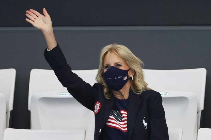 TOKYO, JAPAN - JULY 24: First Lady of the United States Jill Biden in attendance on day one of the Tokyo 2020 Olympic Games at Tokyo Aquatics Centre on July 24, 2021 in Tokyo, Japan. (Photo by Al Bello/Getty Images)