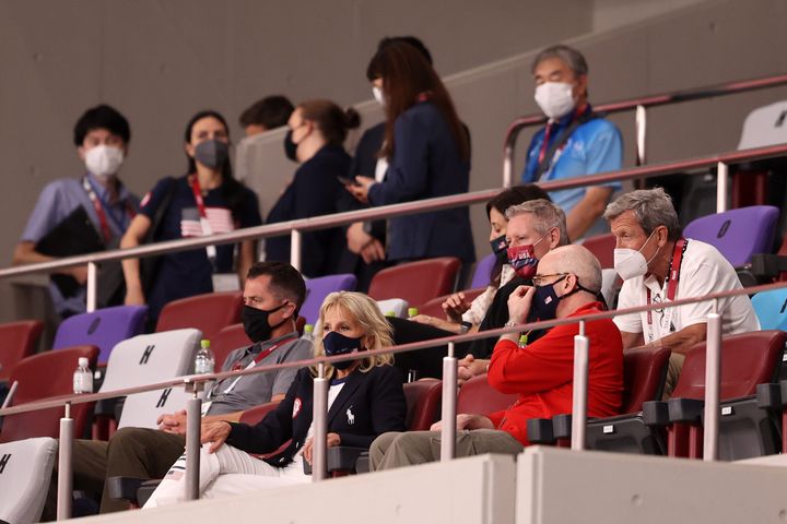 First lady Jill Biden watches the U.S. beat New Zealand at the Tokyo Olympics on Saturday.