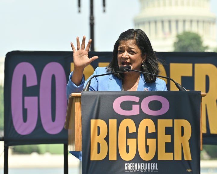 Rep. Pramila Jayapal (D-Wash.) speaks at Go Bigger on Climate, Care, and Justice! on July 20, 2021, in Washington, D.C.