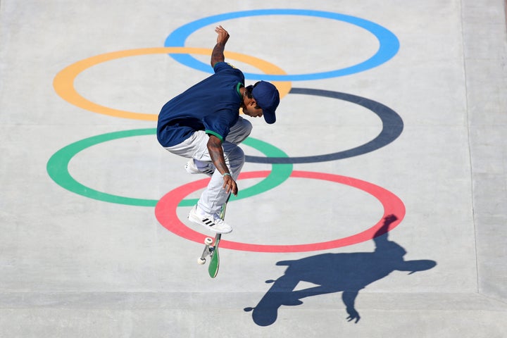 Gustavo Felipe of Team Brazil competes at the Skateboarding Men's Street Prelims Heat 1.