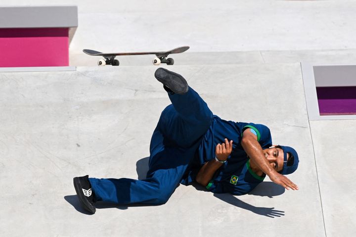 Brazil's Kelvin Hoefler takes a fall as he competes in the men's street prelims heat 2.
