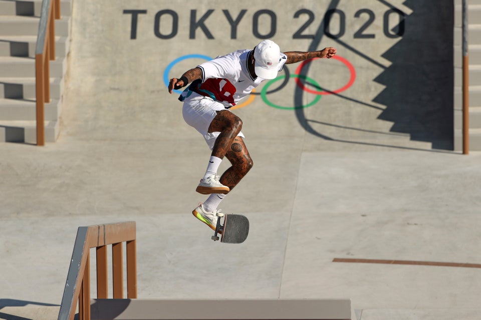 Nyjah Huston of Team USA practises prior the Skateboarding Men's Street Prelims on day two of the Tokyo...