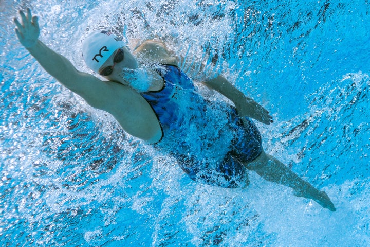 Underwater view of Katie Ledecky in her 400 meter heat.