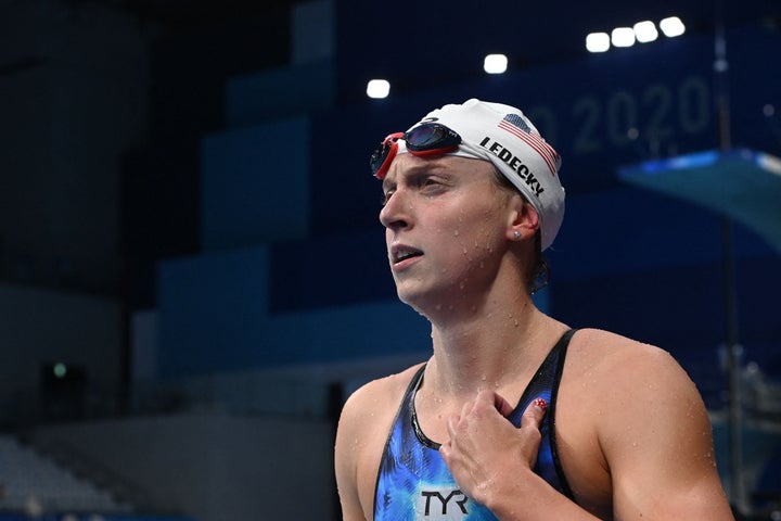 Katie Ledecky puts on her game face after winning her 400 meter heat.