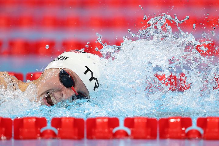 Katie Ledecky, shown winning her 400 meter heat, has an upcoming showdown with Australia's Ariarne Titmus in the final and likely in other races.