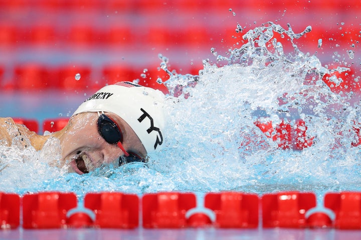 Katie Ledecky, shown winning her 400 meter heat, has an upcoming showdown with Australia's Ariarne Titmus in the final and likely in other races.