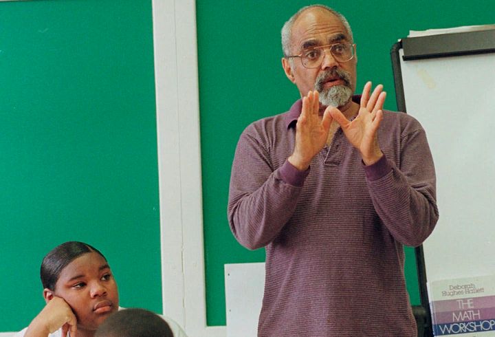 In this April 6, 1990 file photo, Robert "Bob" Moses teaches an algebra class at Lanier High School in Jackson, Miss. (AP Pho