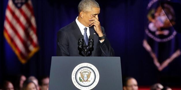 TOPSHOT - US President Barack Obama cries as he speaks during his farewell address in Chicago, Illinois on January 10, 2017.Barack Obama closes the book on his presidency, with a farewell speech in Chicago that will try to lift supporters shaken by Donald Trump's shock election. / AFP / Joshua LOTT (Photo credit should read JOSHUA LOTT/AFP/Getty Images)